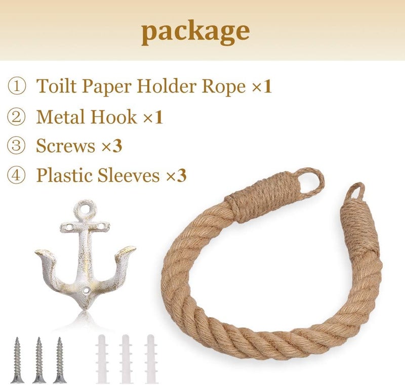 Amerla Nautical Anchor Toilet Paper Holder Rustic Industrial Wall-Mounted Towel Ring with Metal Hook for Bathroom Decor (White) - Image 2